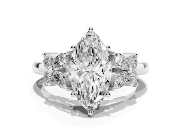 Marquise Cut Diamond Floral Cluster Ring with Solitaire Band and Prong Setting White gold