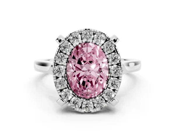 Fancy Pink Oval Cut Diamond Cluster Halo Solitaire with Four-Prong Setting Platinum