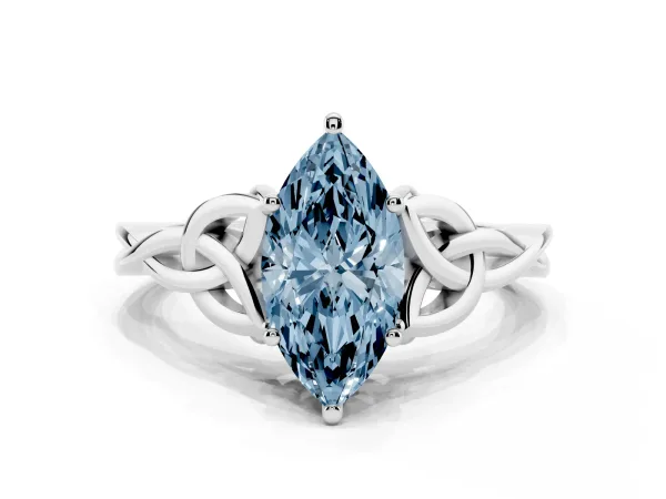 Fancy Blue Marquise Cut Diamond Solitaire Engagement Ring with Celtic Knot Band and Four-Prong Setting Platinum