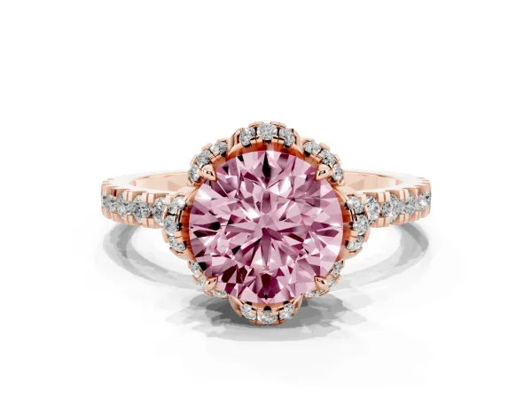 Fancy Pink Round Cut Halo Diamond Pave Band Ring with Four-Prong Setting Rose gold