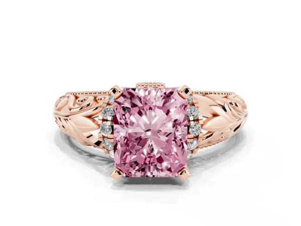 Fancy Pink Radiant Cut Solitaire Filigree Engagement Ring with Halo and Prong Setting Rose gold