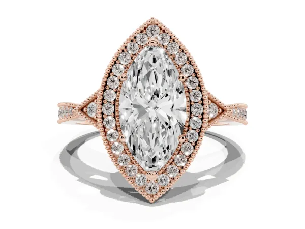 Marquise Cut Halo Round Diamond Milgrain Pave Engagement Ring Rose gold