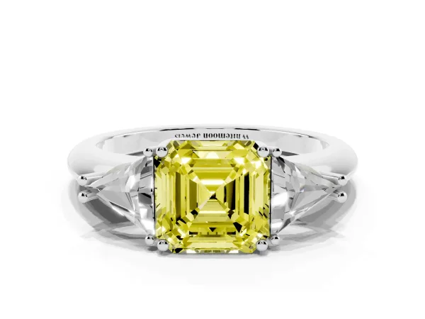 Fancy Yellow Three-Stone Asscher Cut Diamond Engagement Ring with Trillion Side Stones and Prong Setting White gold