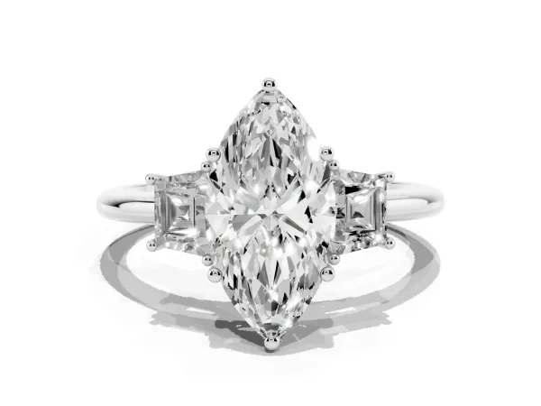 Marquise Cut Diamond Three-Stone Ring with Trapezoid Side Stones and Prong Setting Platinum