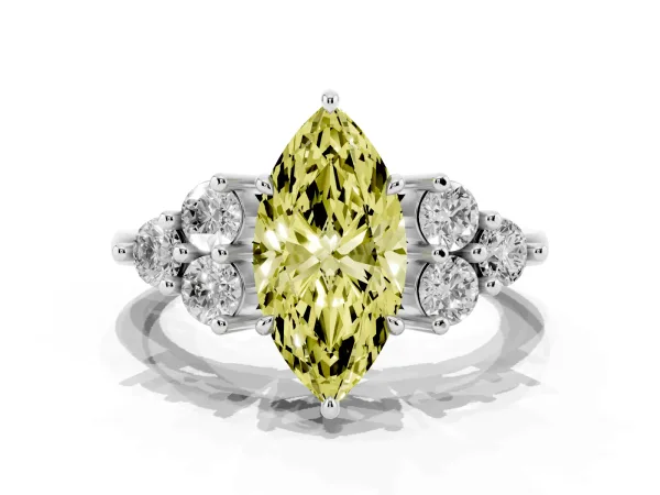 Fancy Yellow Marquise Cut Brilliant Diamond Cluster Accent Solitaire Ring with Prong Setting Platinum