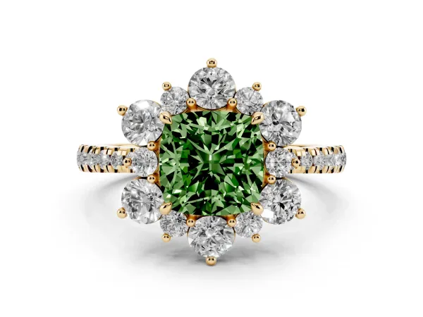 Fancy Green Cushion Cut Diamond Floral Halo Ring with Round Pavé Band and Prong Setting Yellow gold