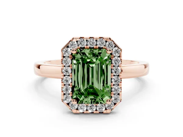 Fancy Green Emerald Cut Halo Diamond Solitaire with Pavé Band and Four-Prong Setting Rose gold