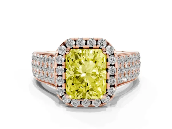 Fancy Yellow Radiant Cut Halo Round Diamond Pave Band with Prong Setting Rose gold