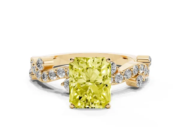 Fancy Yellow Radiant Cut Cut Solitaire Diamond Twisted Band with Pave Setting Yellow gold