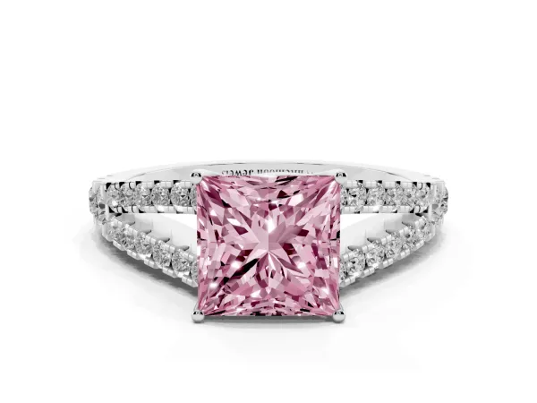 Fancy Pink Princess Cut Diamond Split Shank Engagement Ring with Round Pavé and Prong Setting Platinum