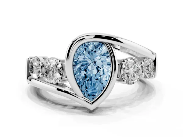 Fancy Blue Bezel Set Pear Cut Diamond Bypass Ring with Round Accents Platinum