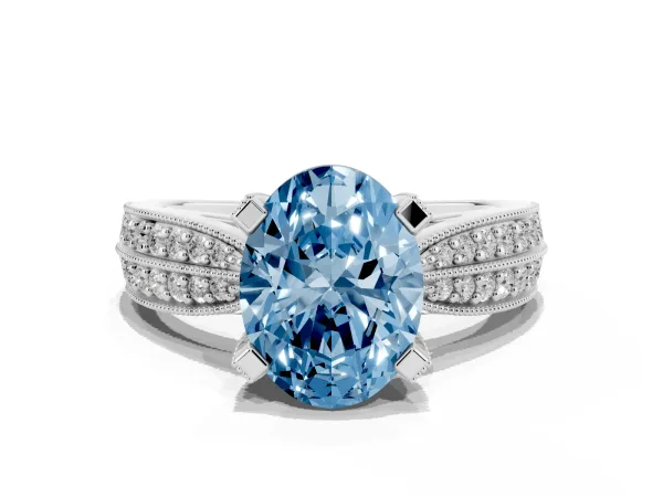 Fancy Blue Oval Cut Diamond Solitaire Ring with Milgrain Round Pavé Band and Prong Setting White gold