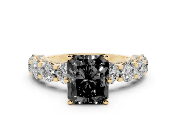 Fancy Black Radiant Cut Diamond Side Stone Engagement Ring with Four-Prong Setting Yellow gold
