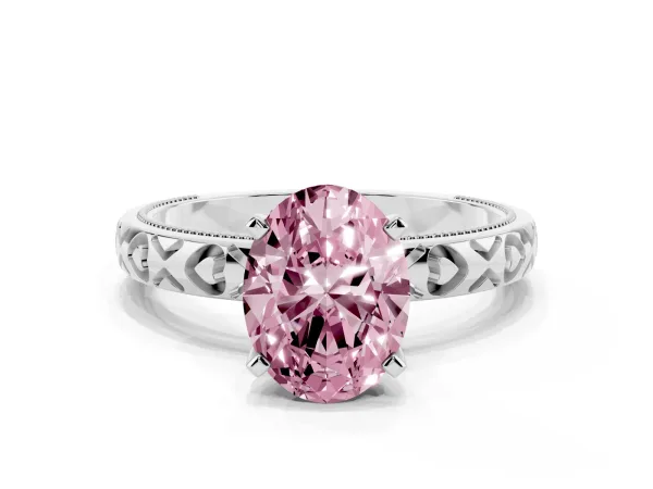 Fancy Pink Oval Cut Solitaire Diamond Engagement Ring with XO Engraved Band and Four-Prong Setting White gold