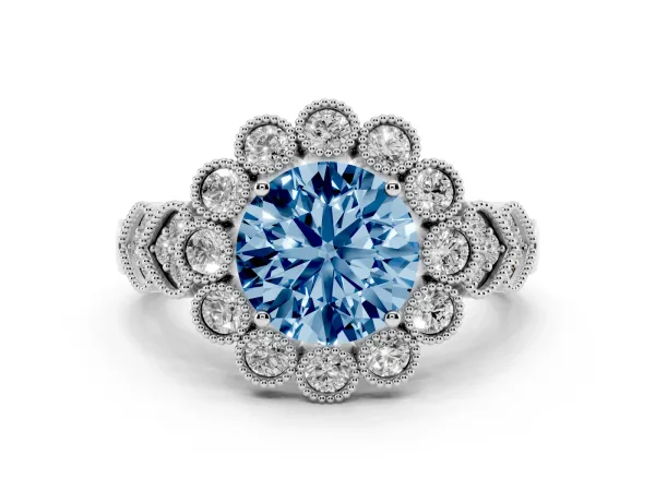Fancy Blue Round Cut Brilliant Milgrain Pave Heart Band Solitaire Ring Platinum