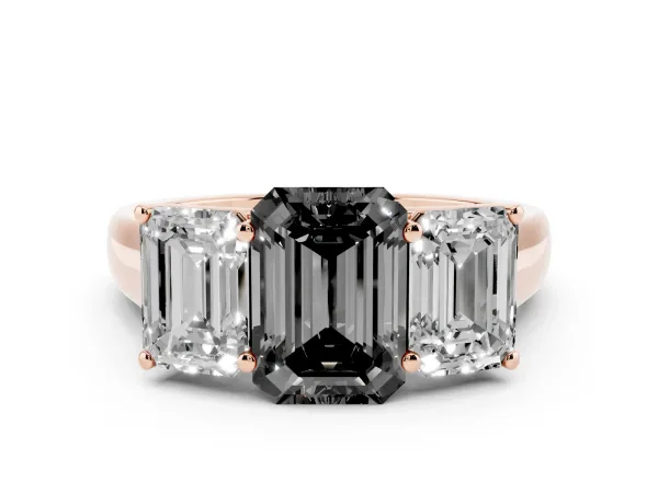 Fancy Black Emerald Cut Three-Stone Diamond Ring with Prong Setting on a Classic Band Rose gold