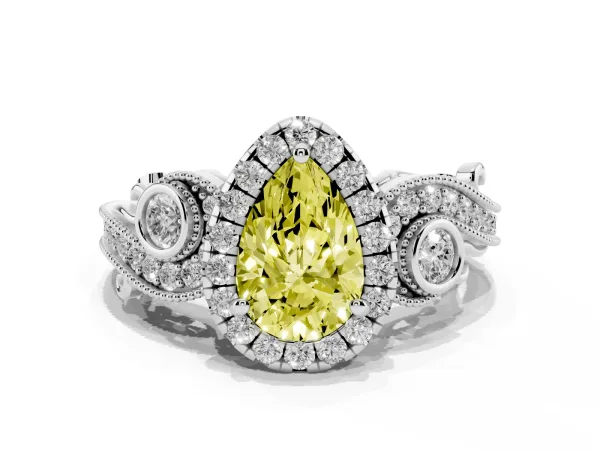 Fancy Yellow Pear Cut Halo Diamond Ring with Milgrain and Bezel Accents on a Split Shank Band Platinum