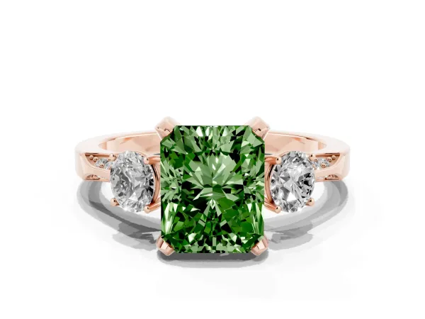 Fancy Green Radiant Cut Brilliant Three-Stone Diamond Ring with Pavé Band and Four-Prong Setting Rose gold