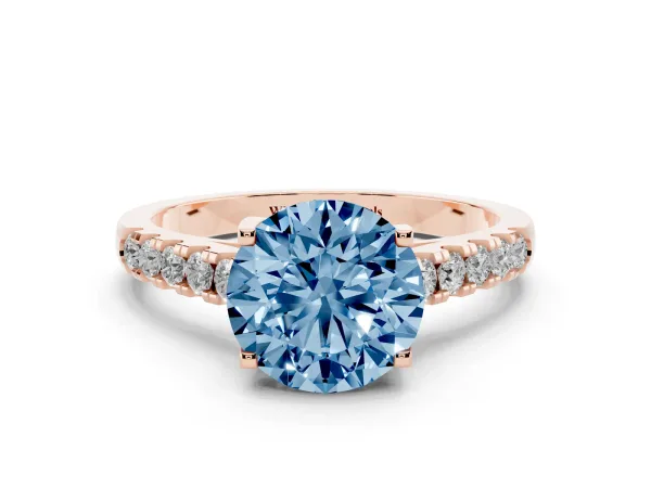 Fancy Blue Round Cut Diamond Pavé Band Solitaire Ring with Prong Setting Rose gold