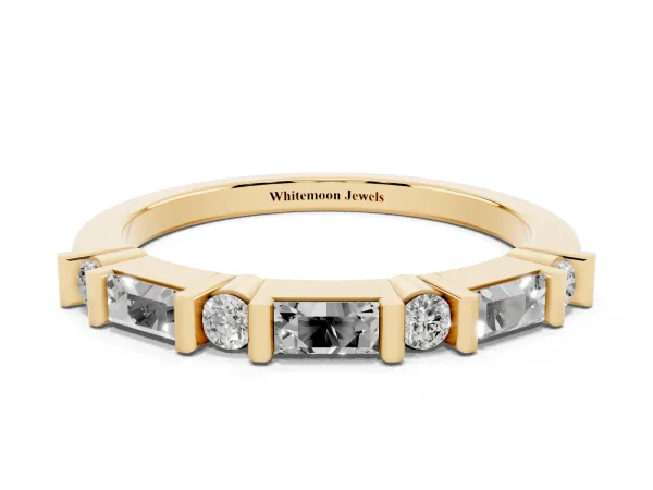 Baguette and Round Diamond Channel Set Half Eternity Band with Bar Prong Setting Yellow gold