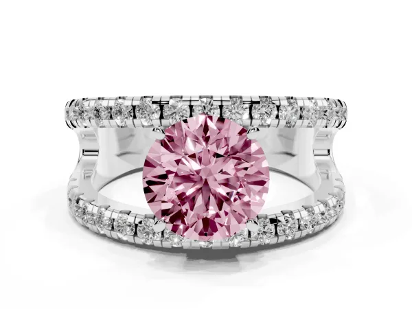 Fancy Pink Round Cut Solitaire Split Shank Pave Diamond Ring Platinum