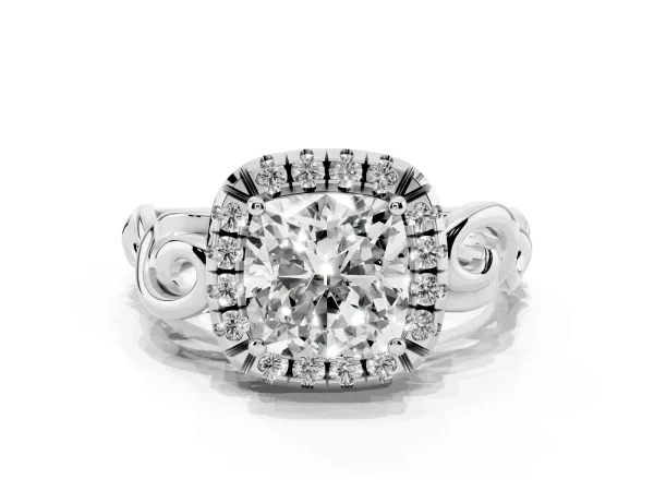 Cushion Cut Cut Halo Diamond Ring with Scrollwork Band and Four-Prong Setting Platinum