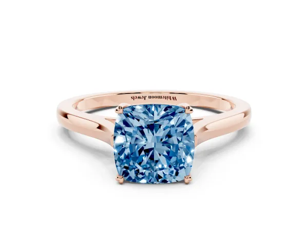 Fancy Blue Cushion Cut Solitaire Heart Prong Engagement Ring with Tapered Band Rose gold