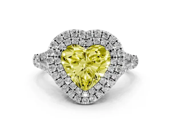 Fancy Yellow Double Halo Heart Cut Diamond Split Shank Engagement Ring with Four-Prong Setting White gold