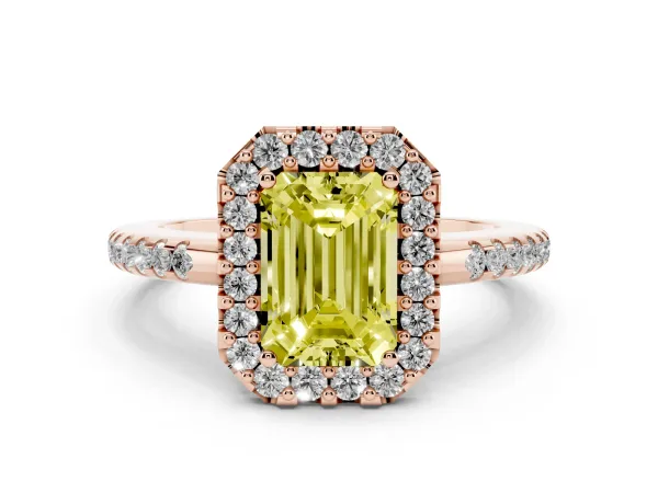 Fancy Yellow Emerald Cut Diamond Pavé Halo Ring with Four-Prong Setting Rose gold