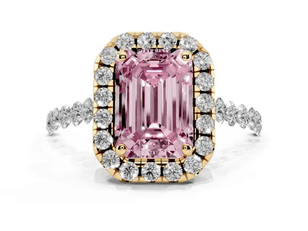 Fancy Pink Emerald Cut Halo Pavé Diamond Engagement Ring with Four-Prong Setting Yellow gold