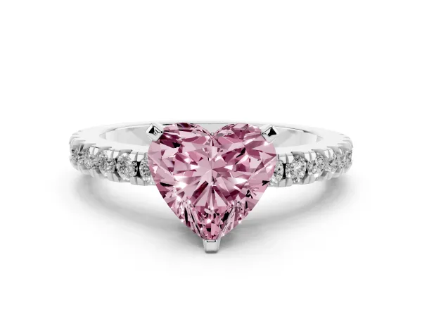 Fancy Pink Heart Cut Solitaire Diamond with Pavé Band and Four-Prong Setting White gold