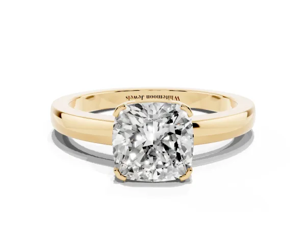 Cushion Cut Cut Solitaire Ring with Four-Prong Setting and Classic Band Yellow gold