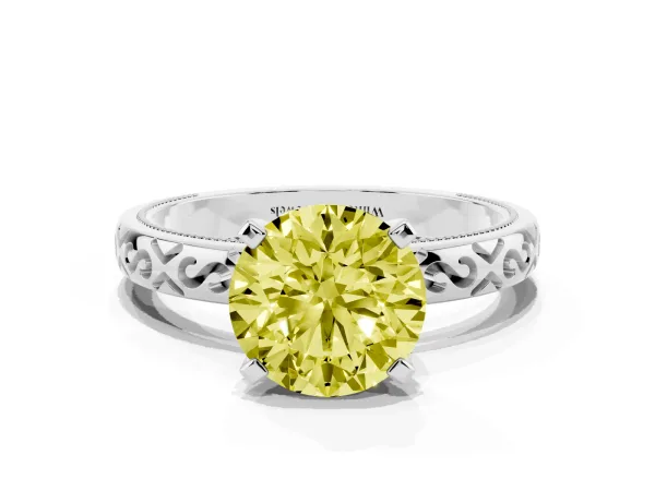 Fancy Yellow Round Cut Solitaire Engagement Ring with Scrollwork Band and Four-Prong Setting Platinum