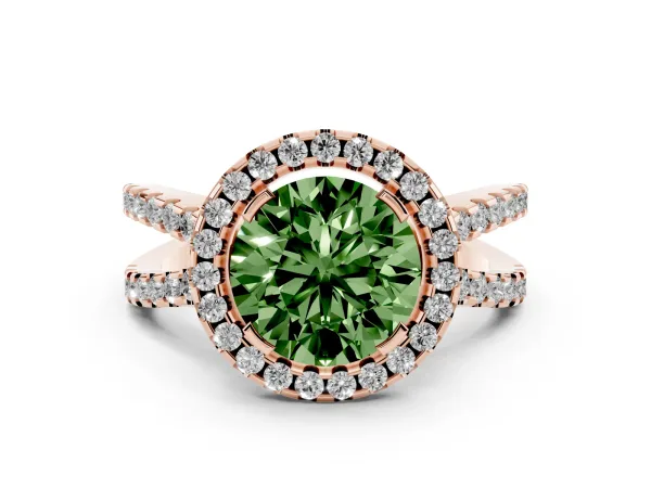 Fancy Green Round Cut Diamond Halo Ring with Split Shank Pavé Band and Prong Setting Rose gold
