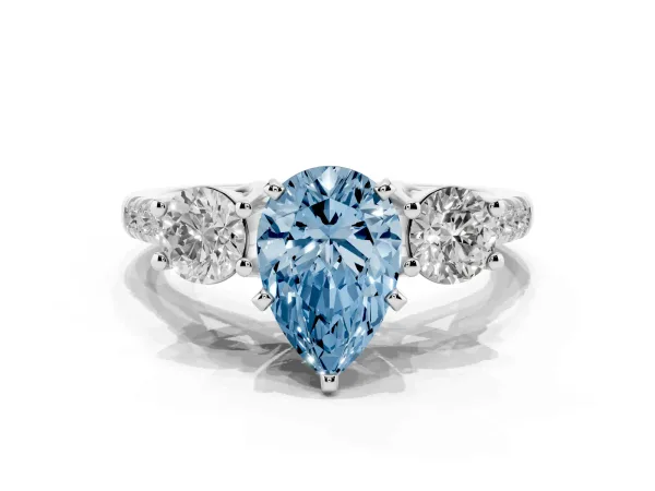 Fancy Blue Three-Stone Pear Cut Diamond Pavé Band with Four-Prong Setting White gold