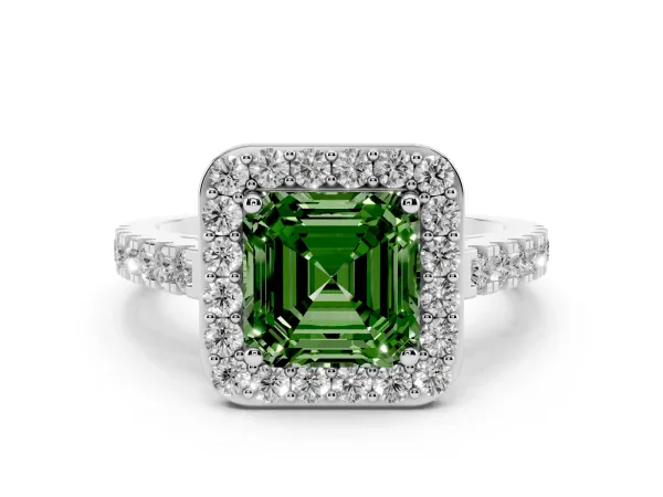 Fancy Green Asscher Cut Diamond Halo Ring with Round Pavé Split Shank and Prong Setting White gold