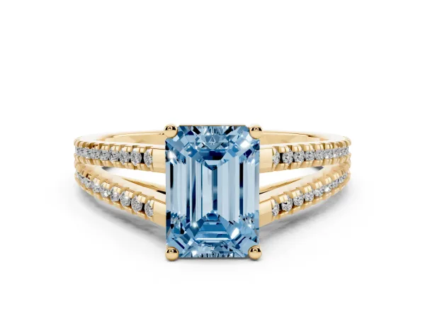 Fancy Blue Emerald Cut Diamond Solitaire Engagement Ring with Split Shank Pavé Band Yellow gold