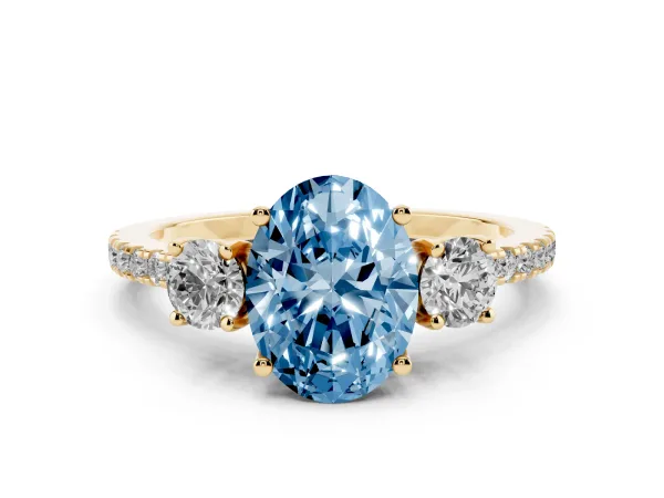 Fancy Blue Three-Stone Oval Cut Cut Diamond Pavé Band with Prong Setting Yellow gold