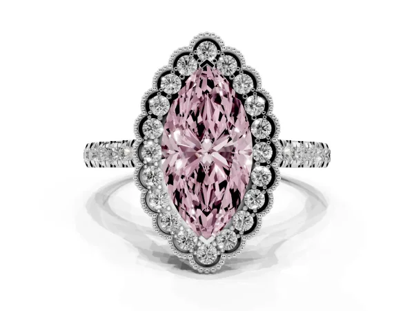 Fancy Pink Marquise Cut Cut Diamond Milgrain Floral Halo Engagement Ring with Pavé Band White gold