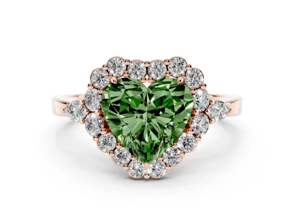 Fancy Green Heart Cut Diamond Halo Ring with Pear Side Stones and Prong Setting Rose gold