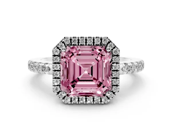 Fancy Pink Asscher Cut Halo Diamond Engagement Ring with Pavé Band and Four-Prong Setting White gold