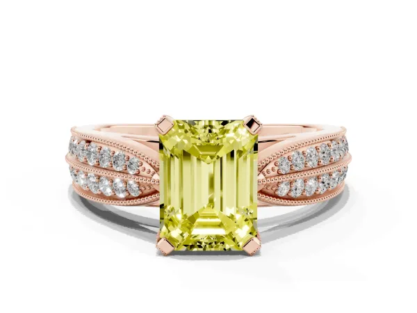 Fancy Yellow Emerald Cut Diamond Solitaire Ring with Milgrain Round Pavé Band and Prong Setting Rose gold