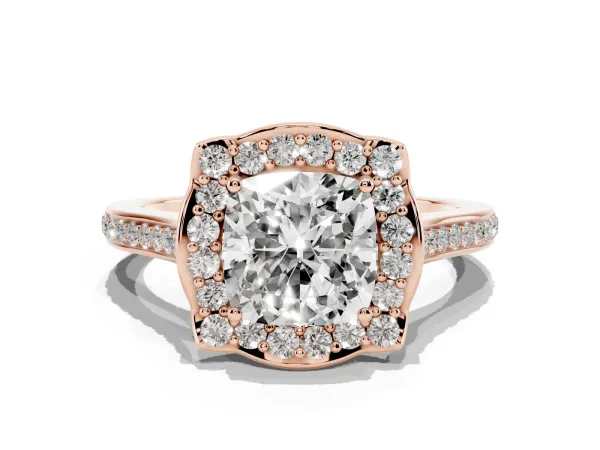 Cushion Cut Halo Round Diamond Pave Band with Four-Prong Setting Rose gold