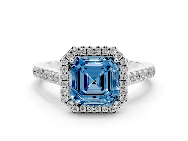 Fancy Blue Asscher Cut Halo Pave Diamond Engagement Ring with Four-Prong Setting Platinum