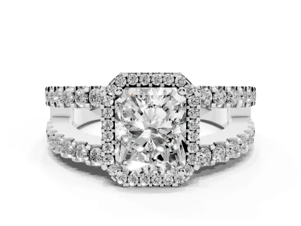 Radiant Cut Cut Halo Split Shank Diamond Ring with Four-Prong Setting White gold