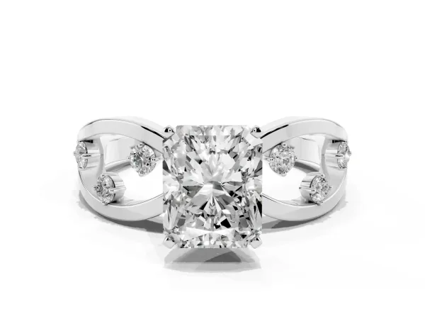 Radiant Cut Cut Solitaire Diamond with Side Stones on Criss-Cross Band and Four-Prong Setting White gold