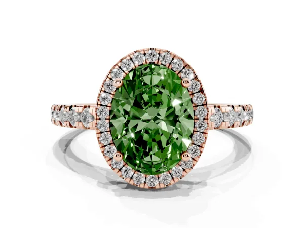 Fancy Green Oval Cut Diamond Halo Ring with Pavé Band and Four-Prong Setting Rose gold