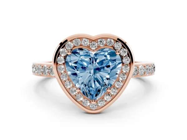 Fancy Blue Heart Cut Diamond Halo Ring with Bezel Frame and Pavé Band Rose gold