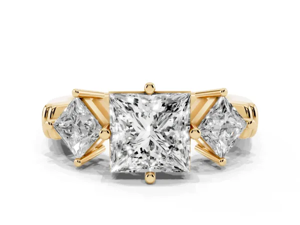 Three-Stone Princess Cut and Princess Cut Diamond Ring with Channel Band and Four-Prong Setting Yellow gold