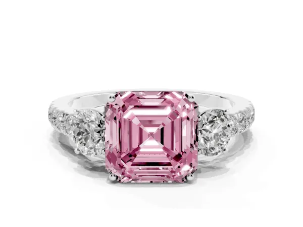 Fancy Pink Asscher Cut Cut Diamond Three-Stone Ring with Round Side Stones and Pavé Band Platinum